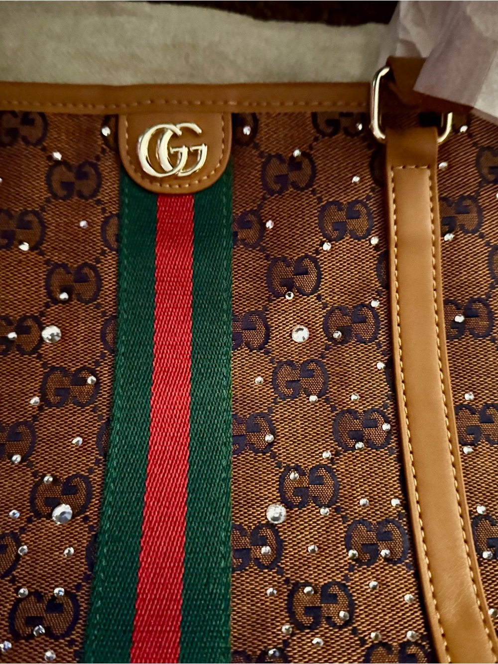 Brown Canvas Tote with Green and Red Web Stripe and Gold Hardware - Picture 2 of 10